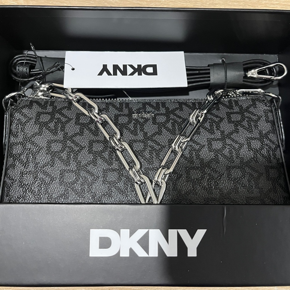 DKNY Black Patterned Shoulder Bag with Silver Chain